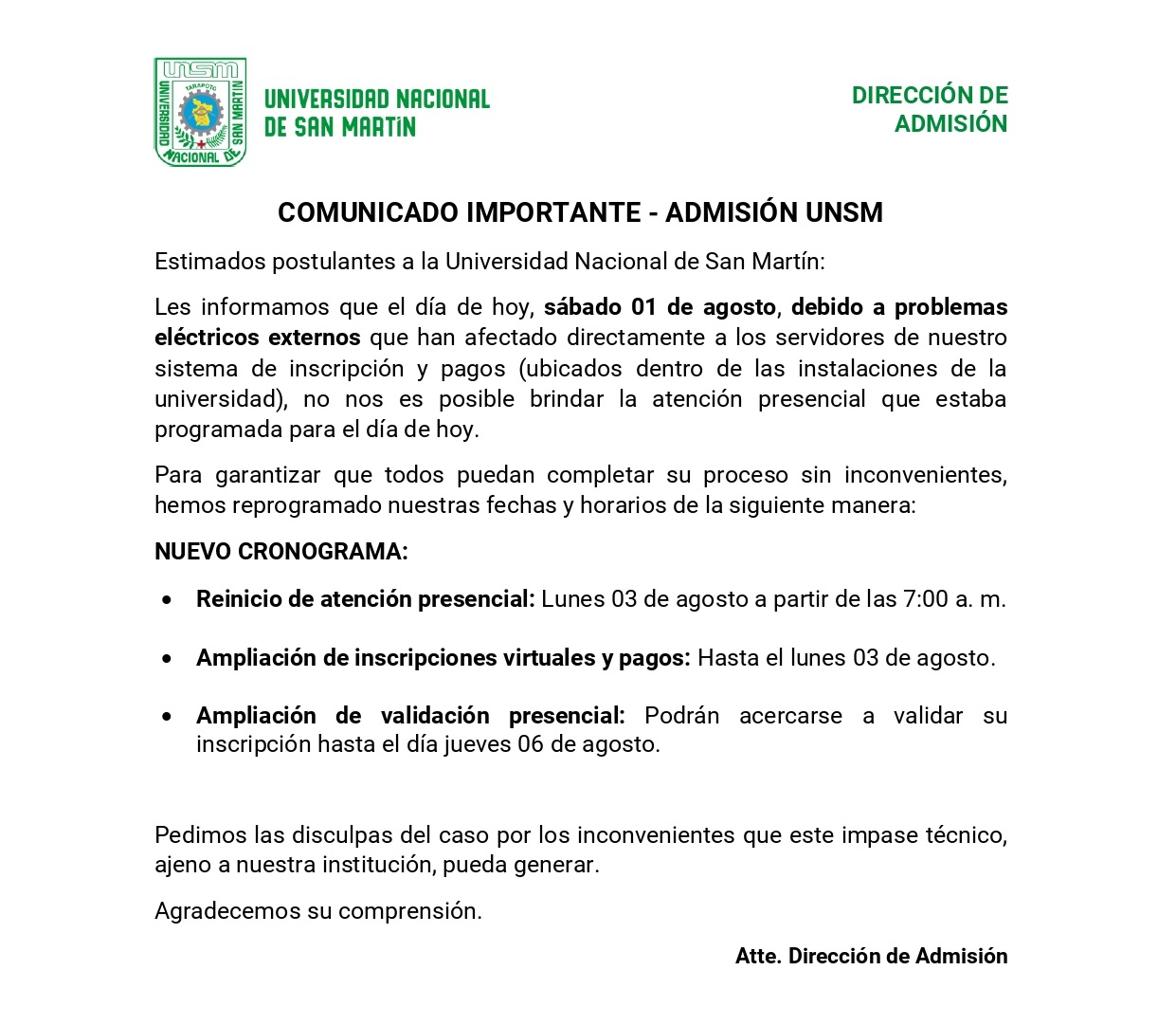 Comunicado Ampliar Fechas Ordinario 2026-II